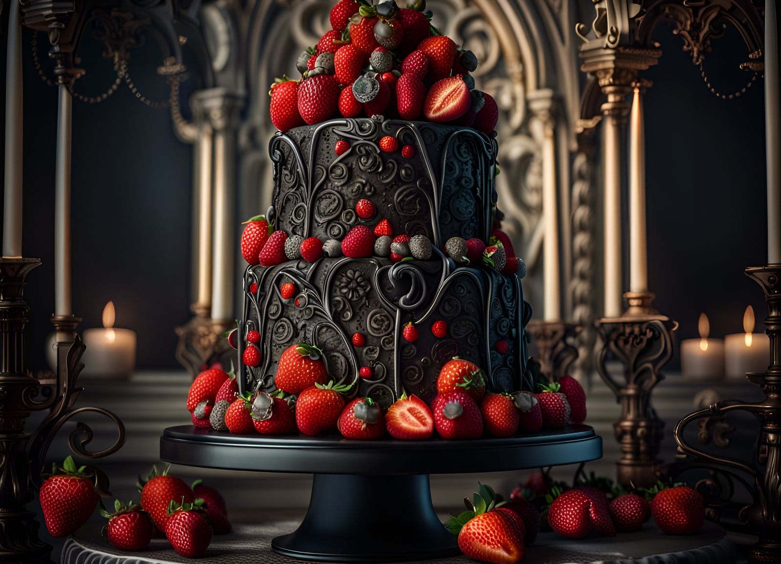 Gothic Wedding Cake with Strawberries in 8K HDR