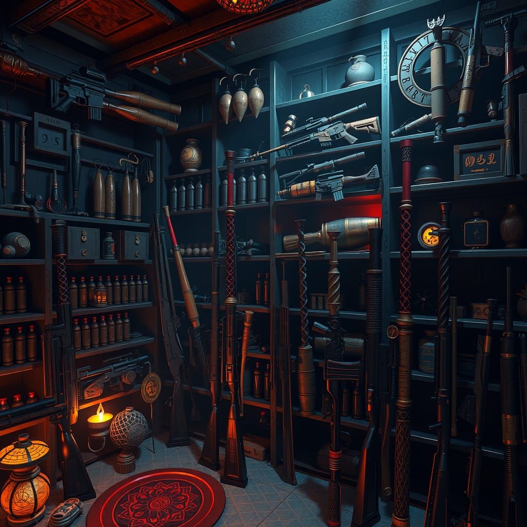 Mystical Armory with Futuristic Weapons in Fantasy Style