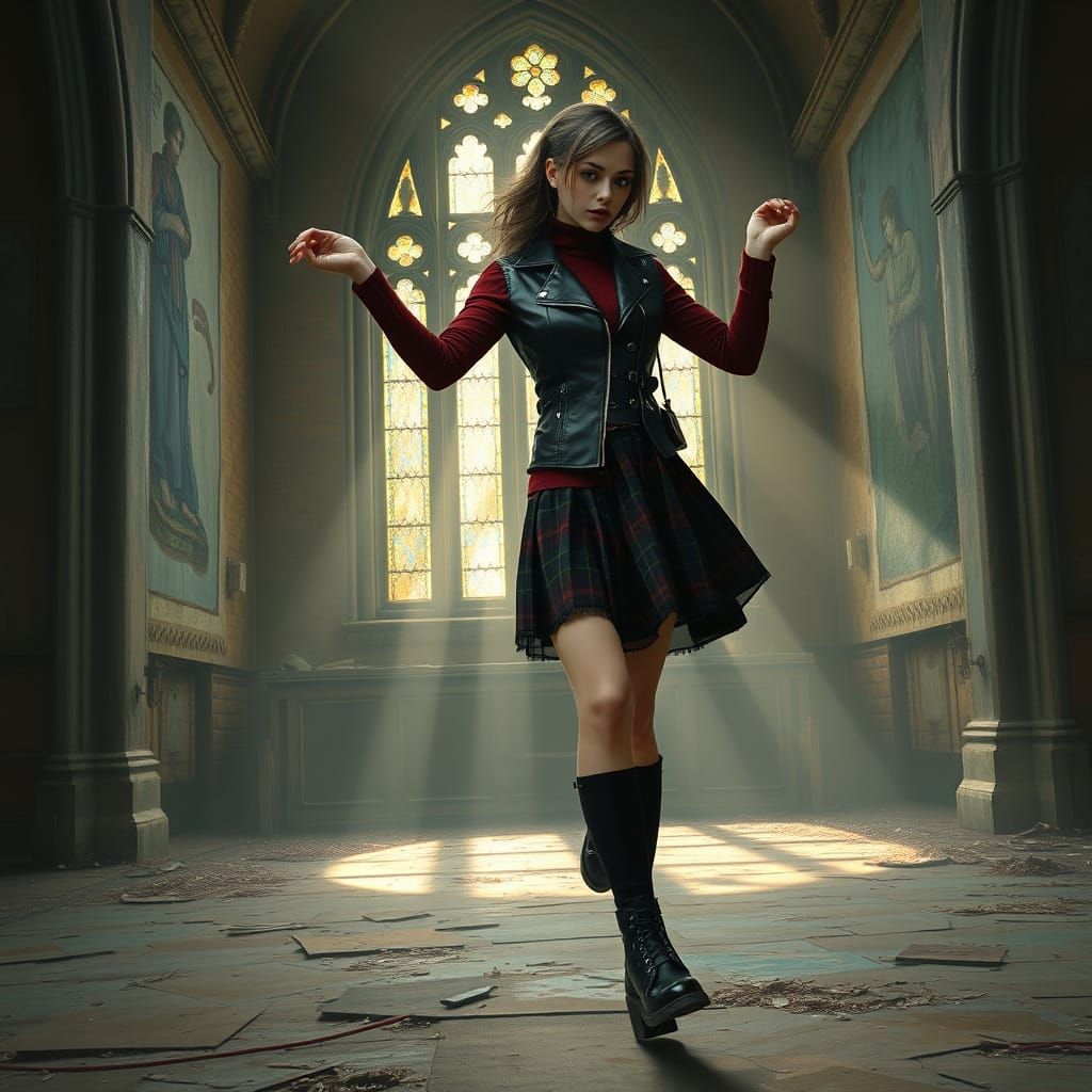 Gothic Girl Dancing in Dilapidated Church