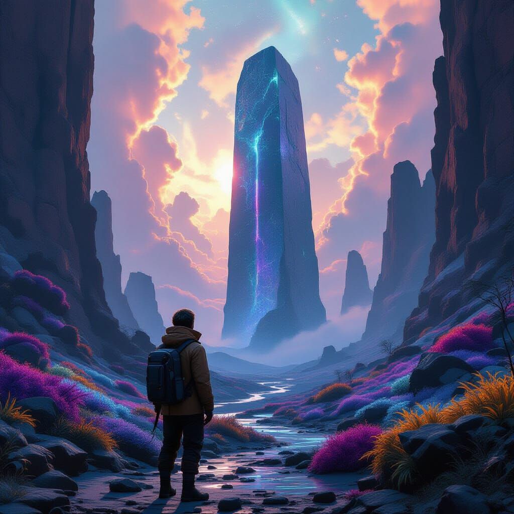 Explorer on Alien World with Ancient Monolith