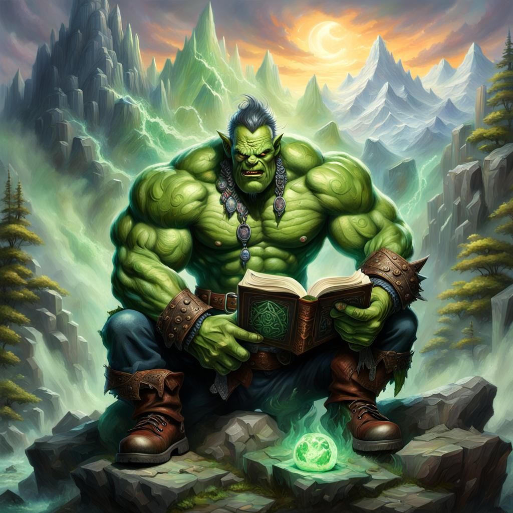 Heroic Ork Reading Magic Book in Ethereal Fantasy Art