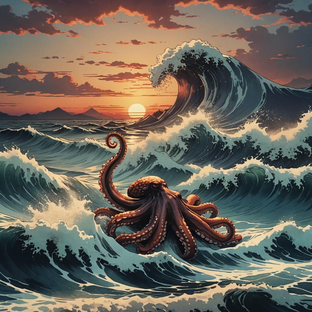 Octopus Dive in Hokusai Wave: Cinematic Masterpiece