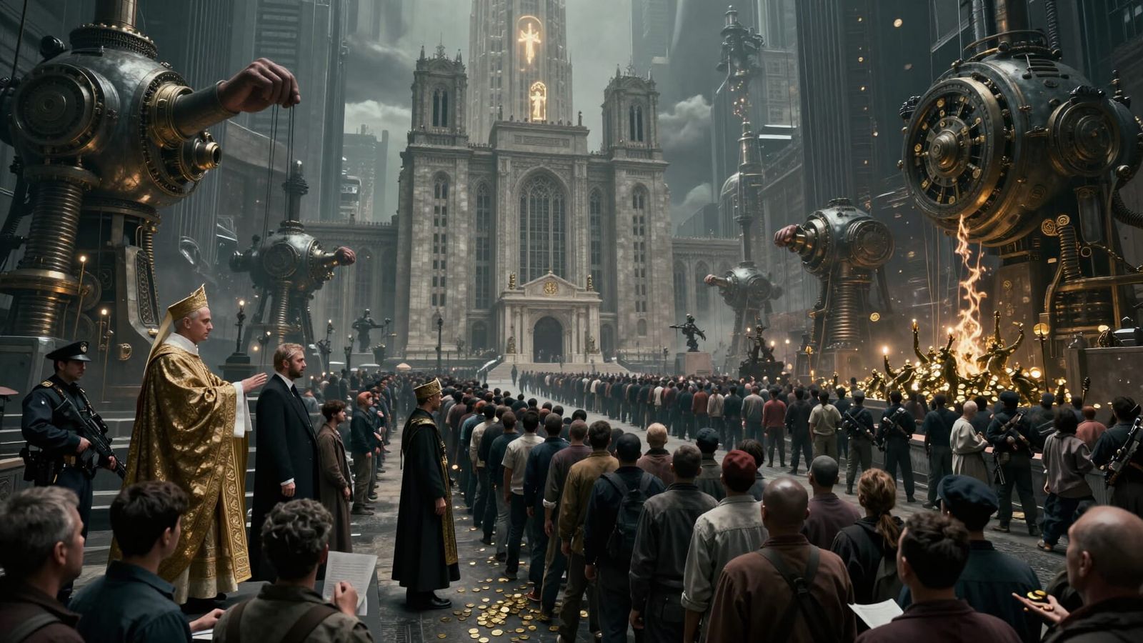 Oppressive Cityscape: Cathedral Fused with Brutalist Archite...