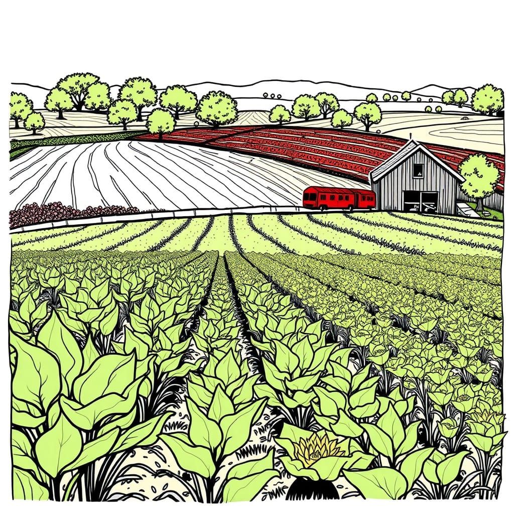 Farmland Sketch: Lush Crops in Rustic Style