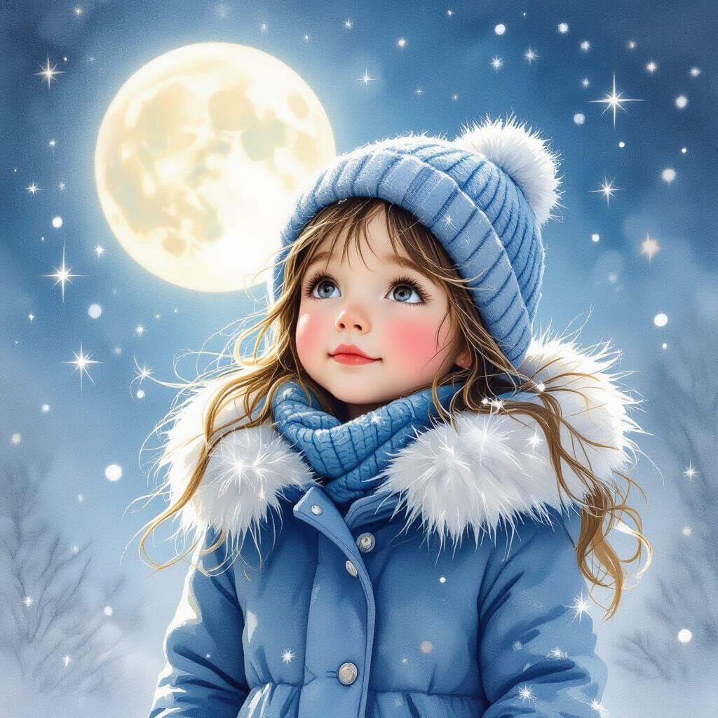 Cute Girl in Winter Under Moonlight, Watercolor Style
