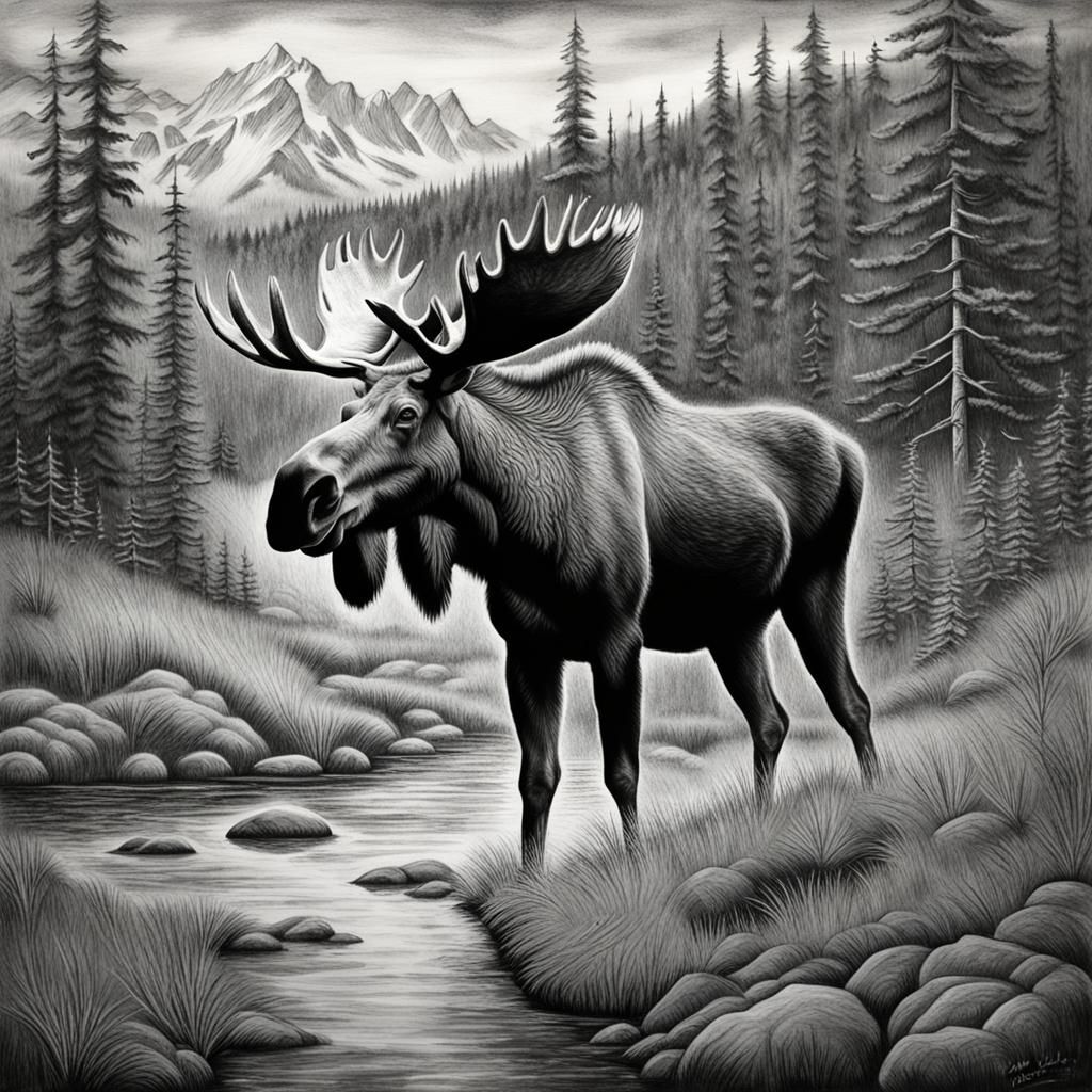 Moose in Alaskan Wilderness: Charcoal Drawing