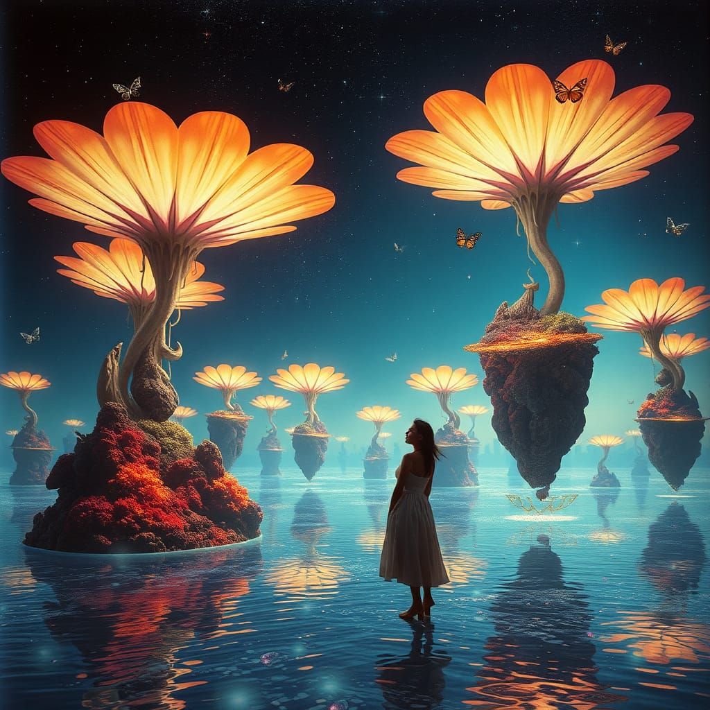 Surreal Dreamscape: Woman Among Floating Islands