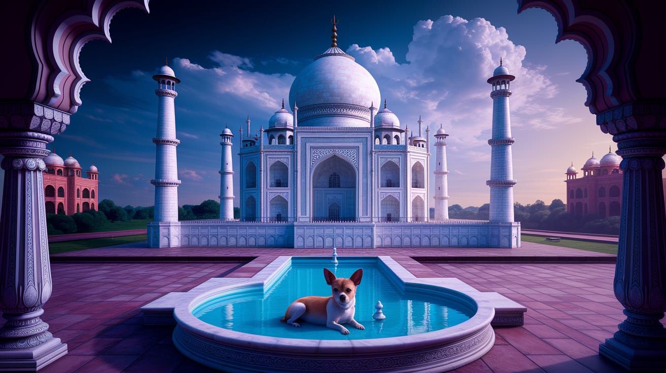 Chihuahua Before Taj Mahal Doghouse in Ethereal Digital Pain...