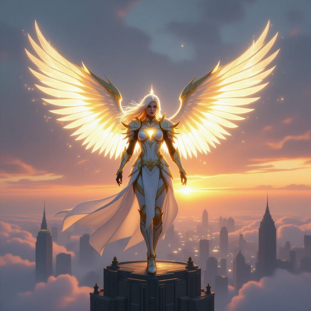 Radiant Heroine in Golden Armor with Light Wings