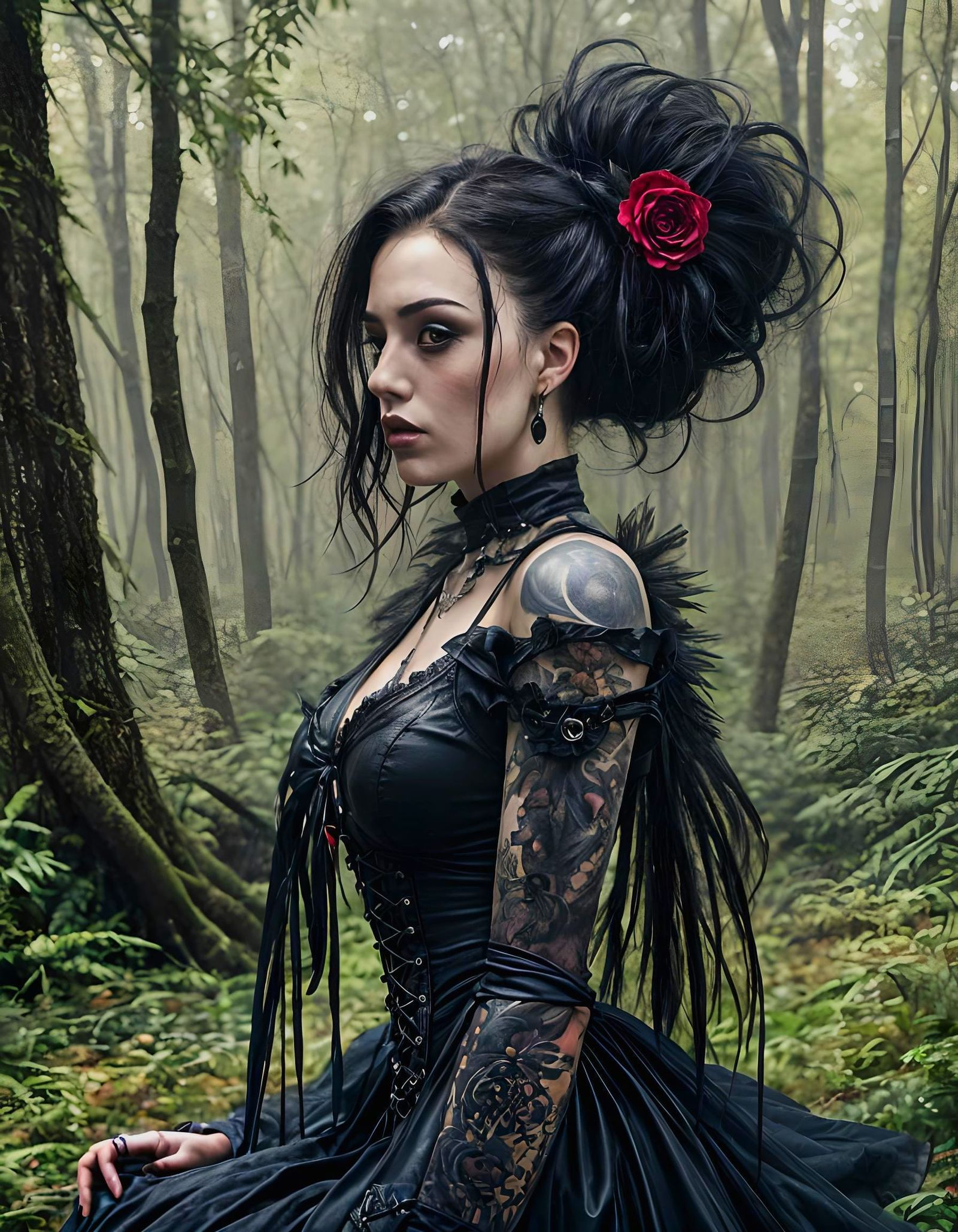 Goth Punk Girl in Impressionist Landscape Painting