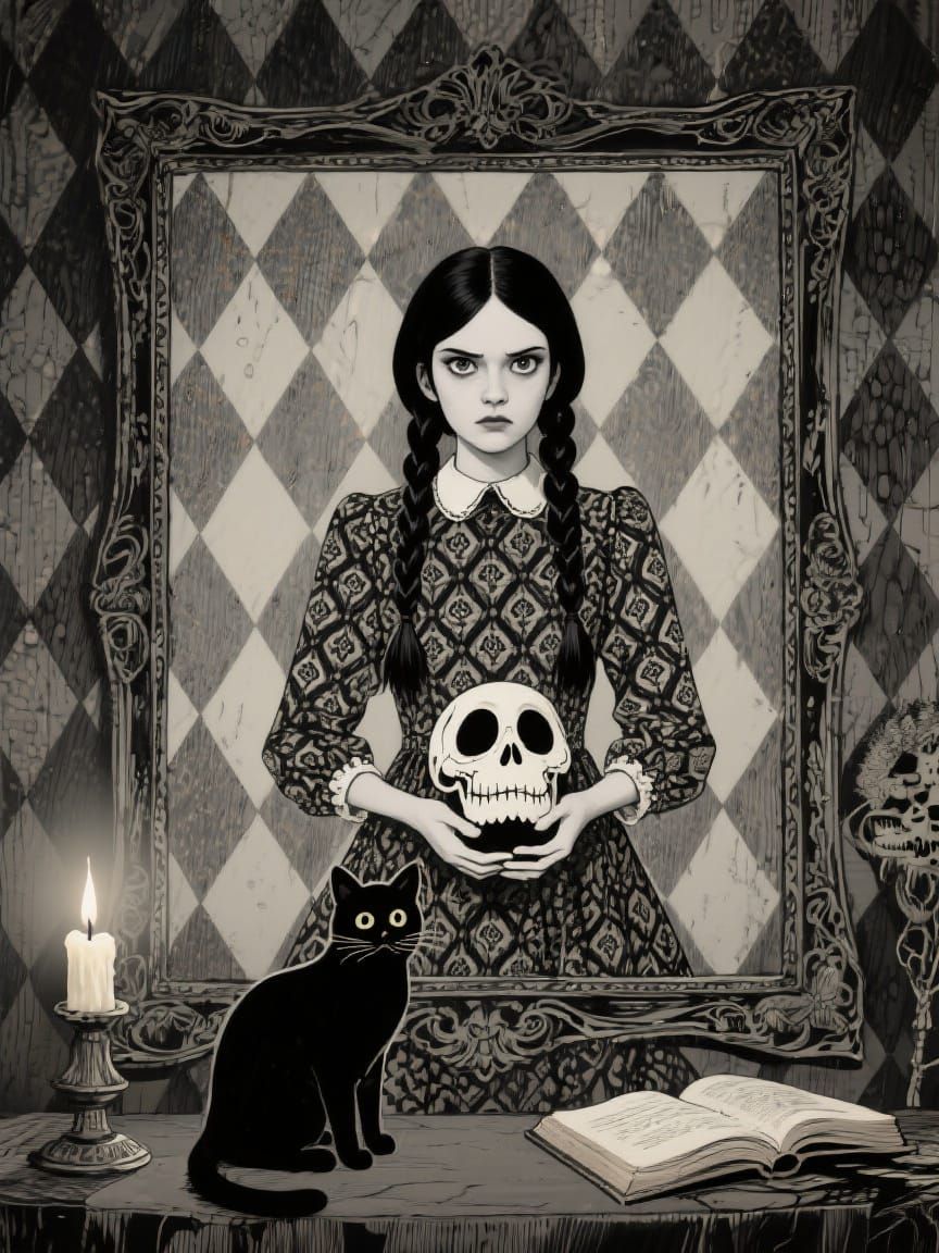 Wednesday Addams Illustration in a Macabre Whimsical Style