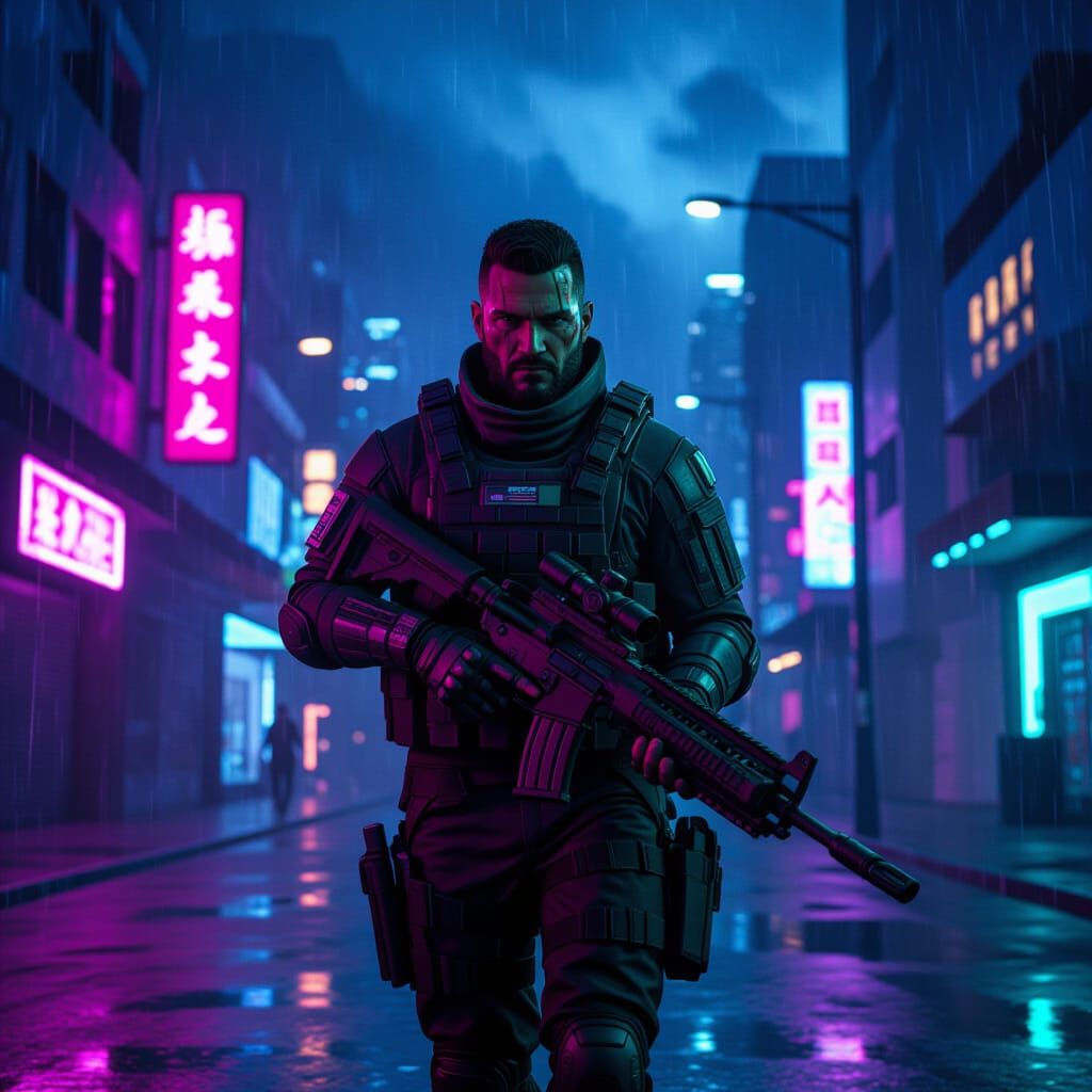 Cyberpunk Mercenary in Neon City