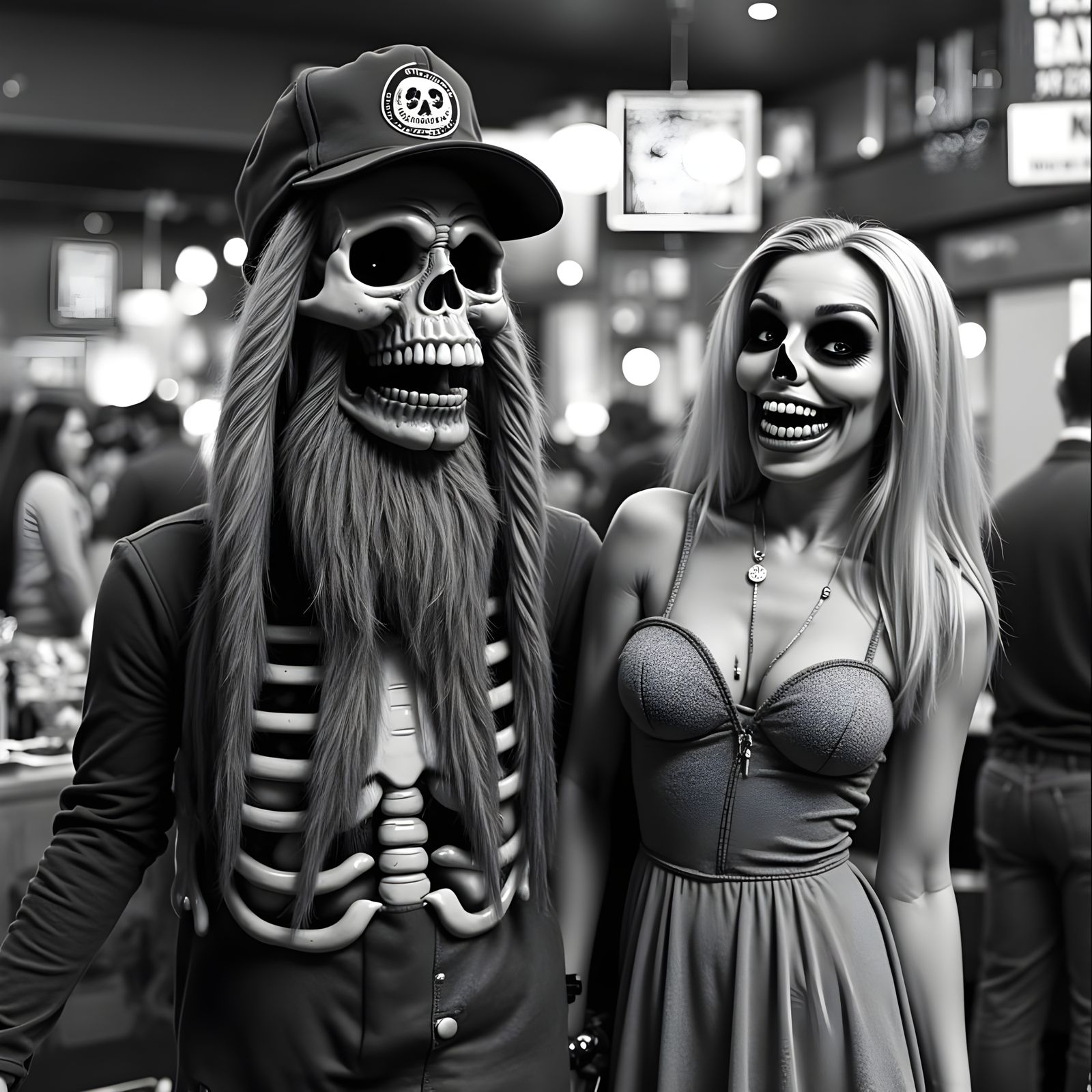 Vintage-Style Blonde Woman and Laughing Skeleton Date in Res...