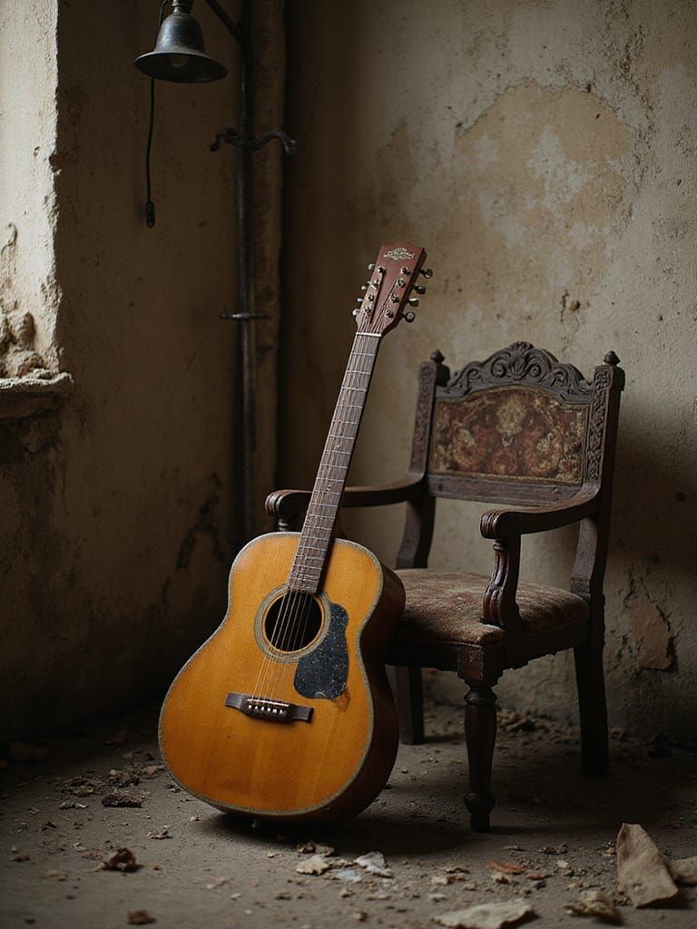 Dilapidated Room with Guitar in Hyper-Photorealistic Style