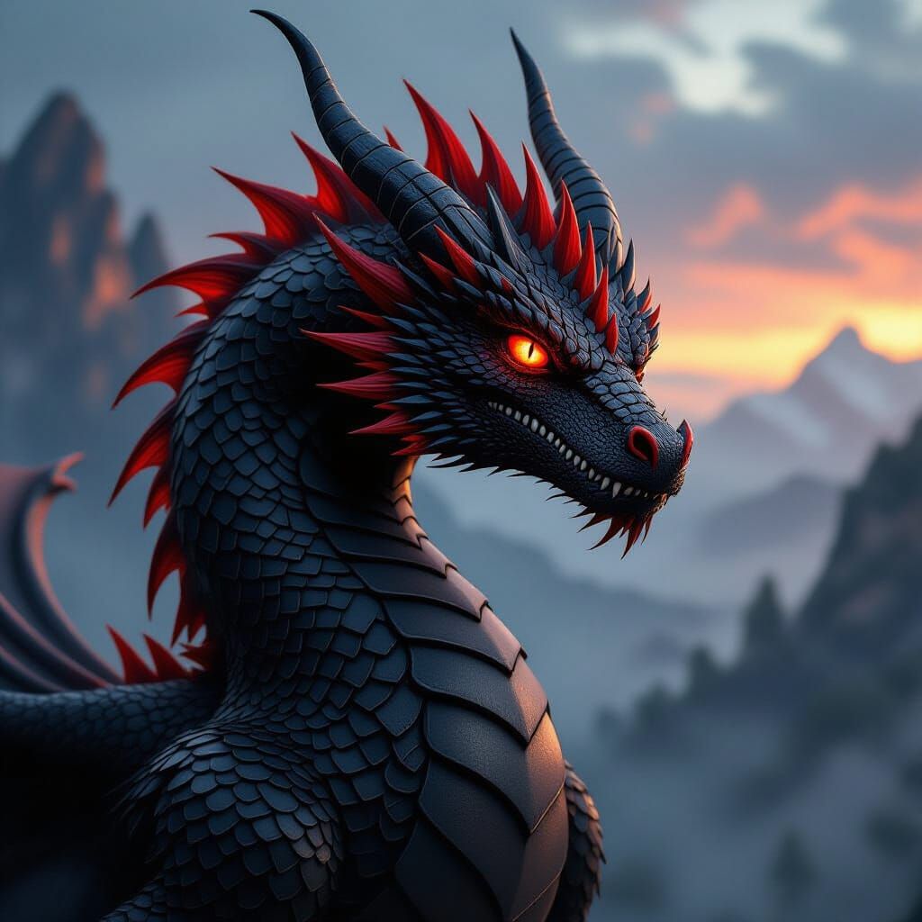 Majestic Black Dragon with Red Spikes, Photorealistic