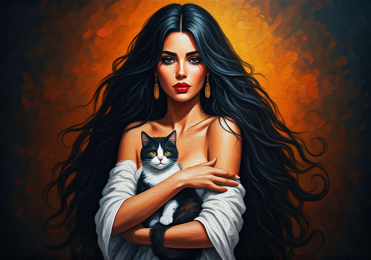 Mediterranean Goddess Holding Cat in Impasto Style