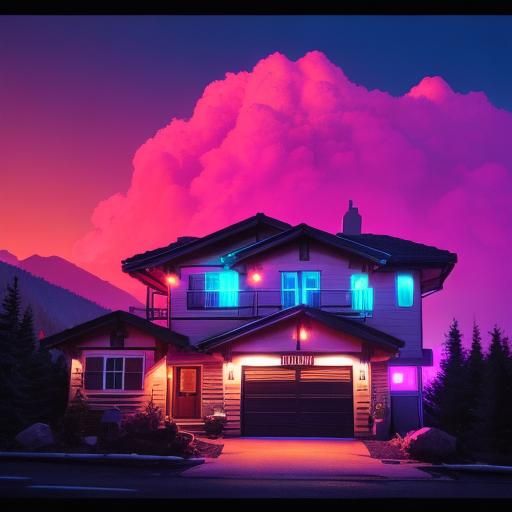 Synthwave House in Mountain Landscape