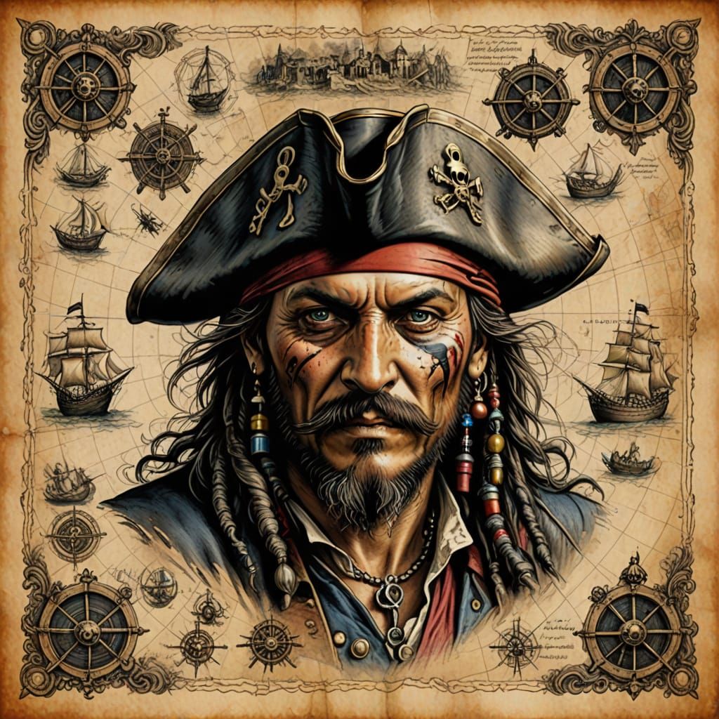 Vibrant Pirate Map Unfolds on Yellowed Parchment