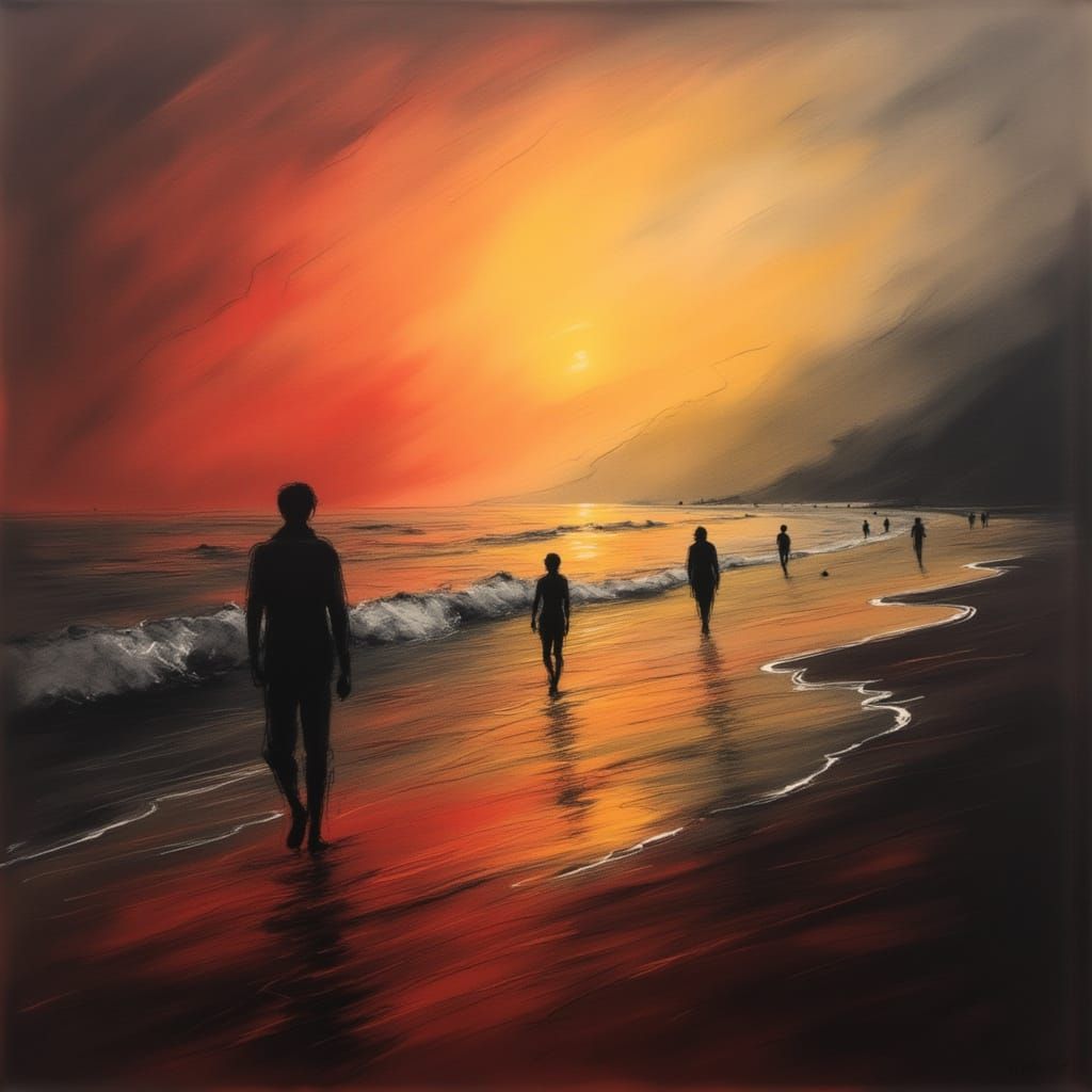 Ethereal Dawn on Crowded Beach with Light Contrast