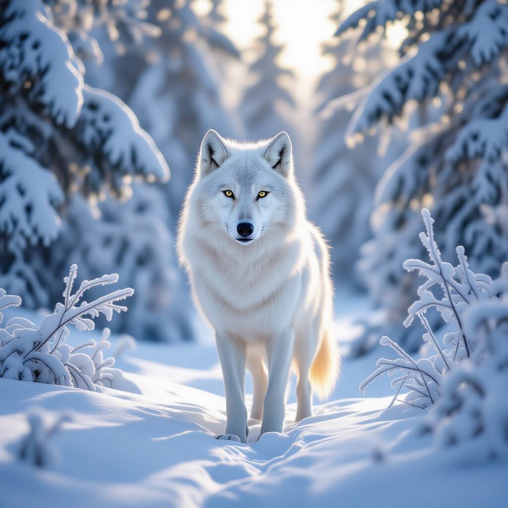 Serene White Wolf in Snowy Forest at Dawn
