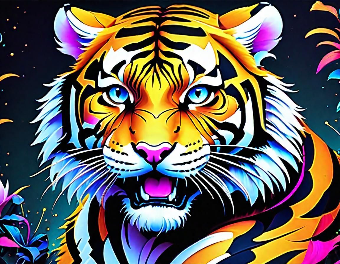 Cyberpunk Floral Tiger Cub Digital Illustration