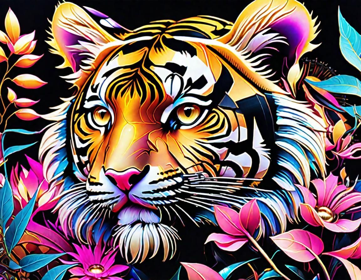 Cyberpunk Floral Tiger Cub Digital Illustration