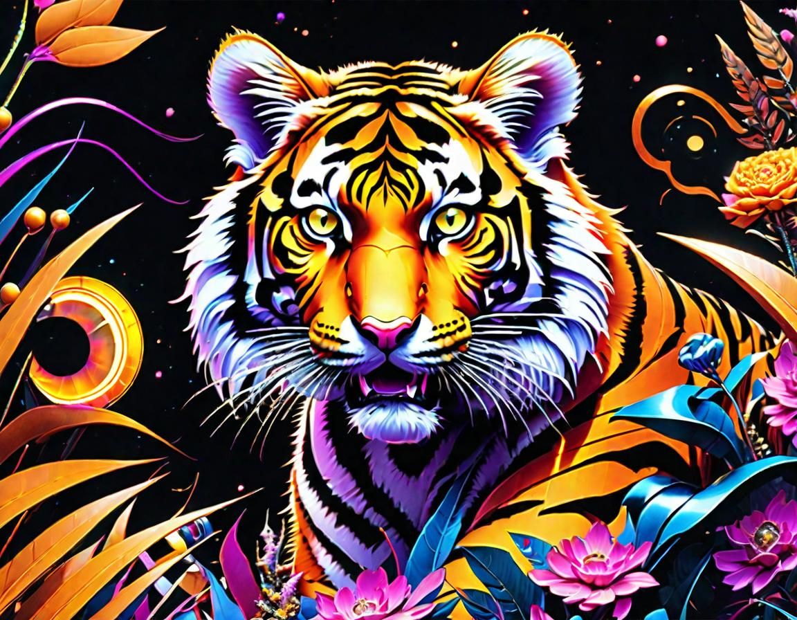 Cyberpunk Tiger Cub in Exploded Floral Amber, Gouache Style