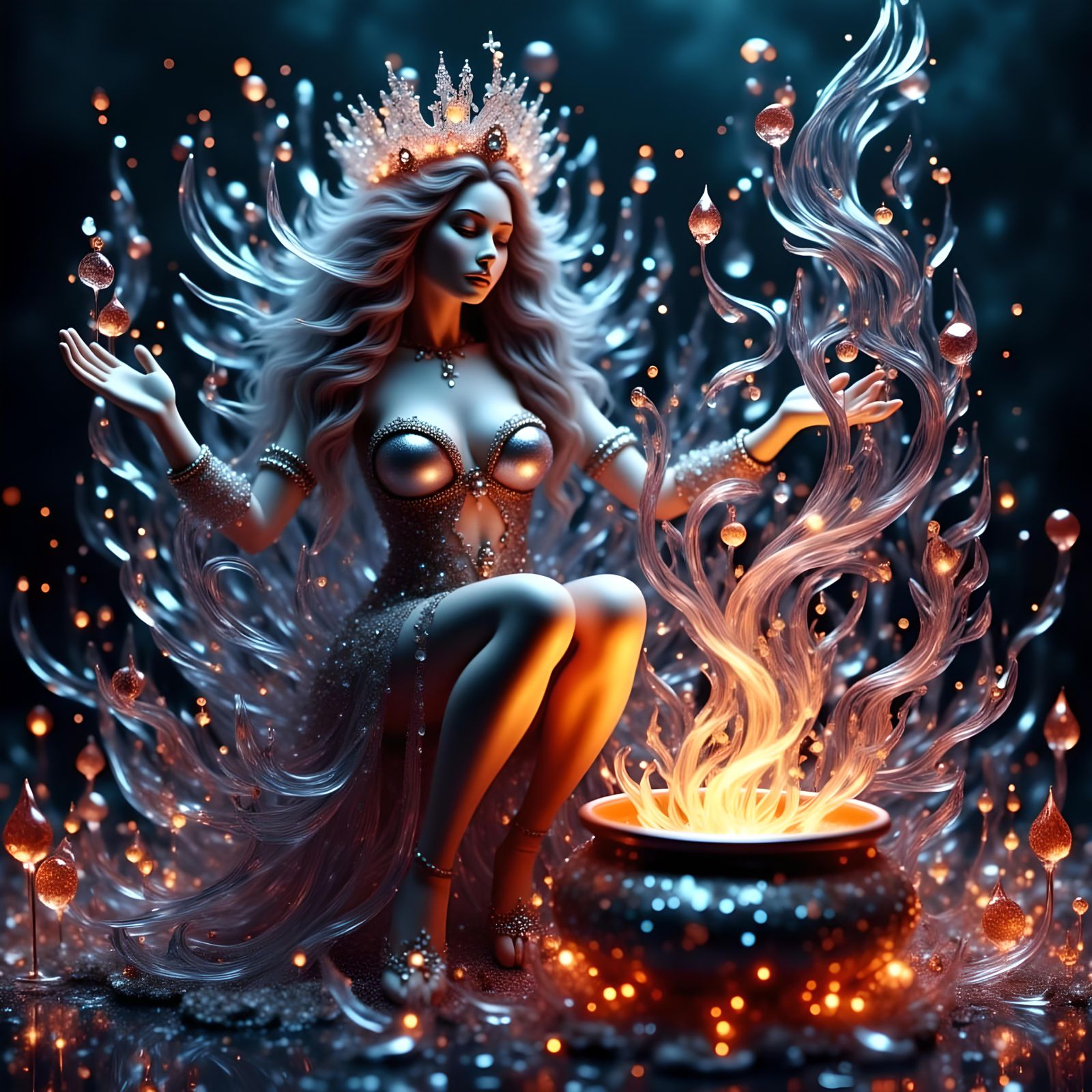 Glass Witch Casting a Fiery Spell