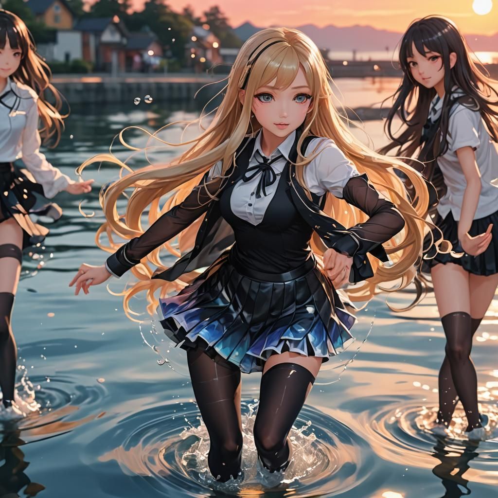 Anime Woman Dancing on Water in Vibrant Sunset