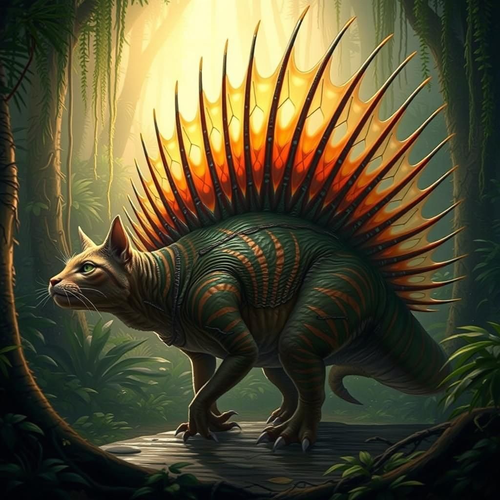 Stegosaurus-Cat Hybrid in Prehistoric Jungle
