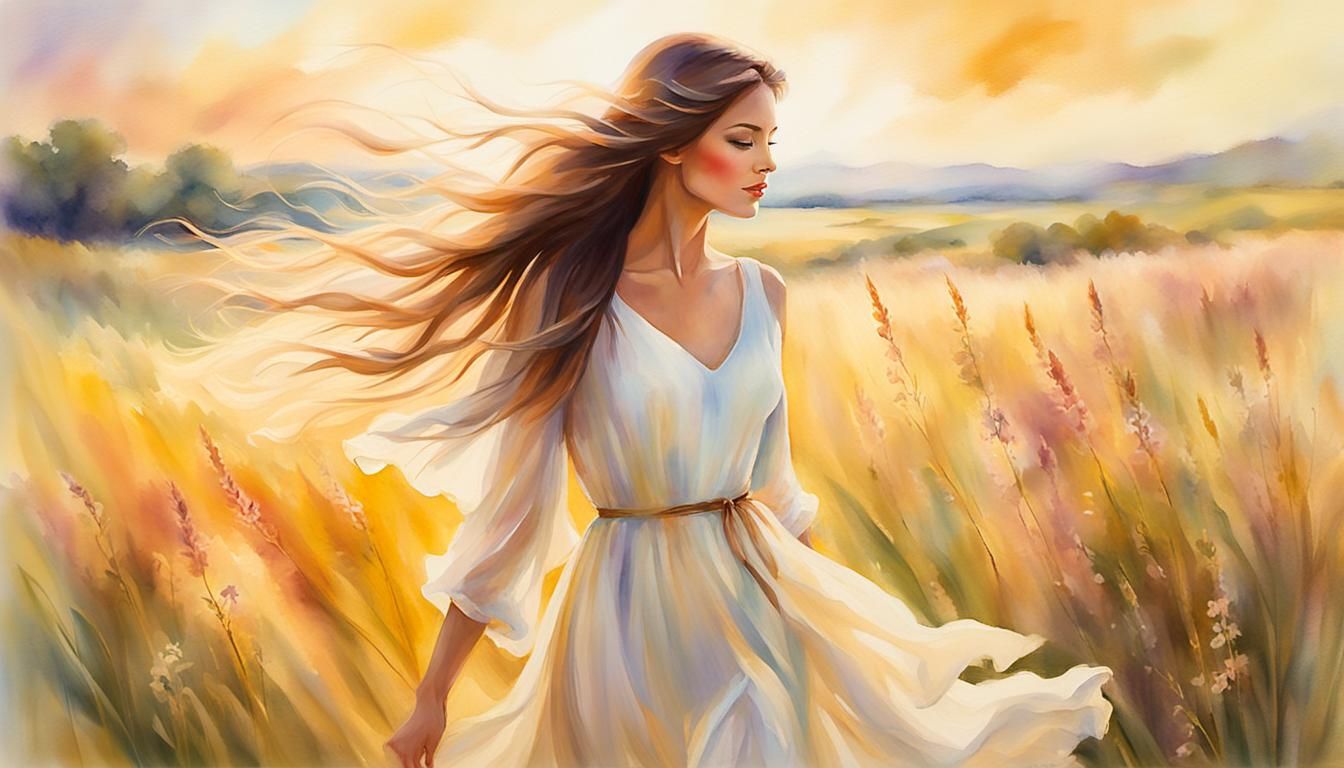 Woman in Meadow: Impressionist Watercolor Painting