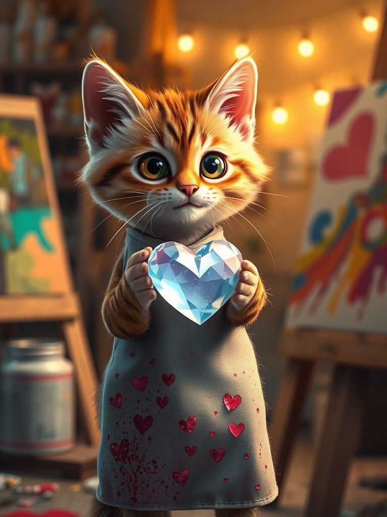 Kitten Artist in Warmly Lit Studio: Hyperrealistic Depiction
