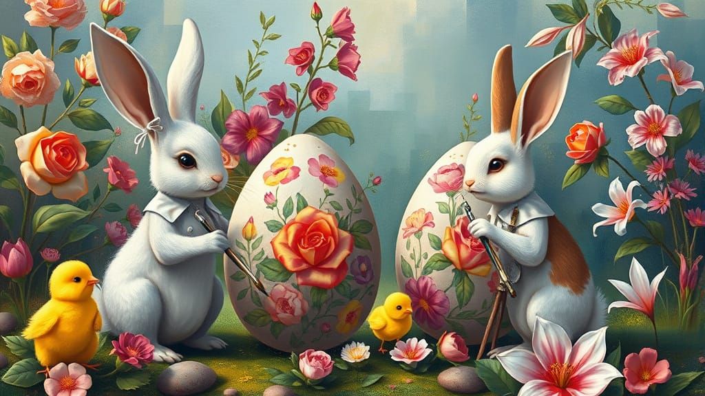 Rabbits and Chicks Painting Easter Eggs in Cubist Style
