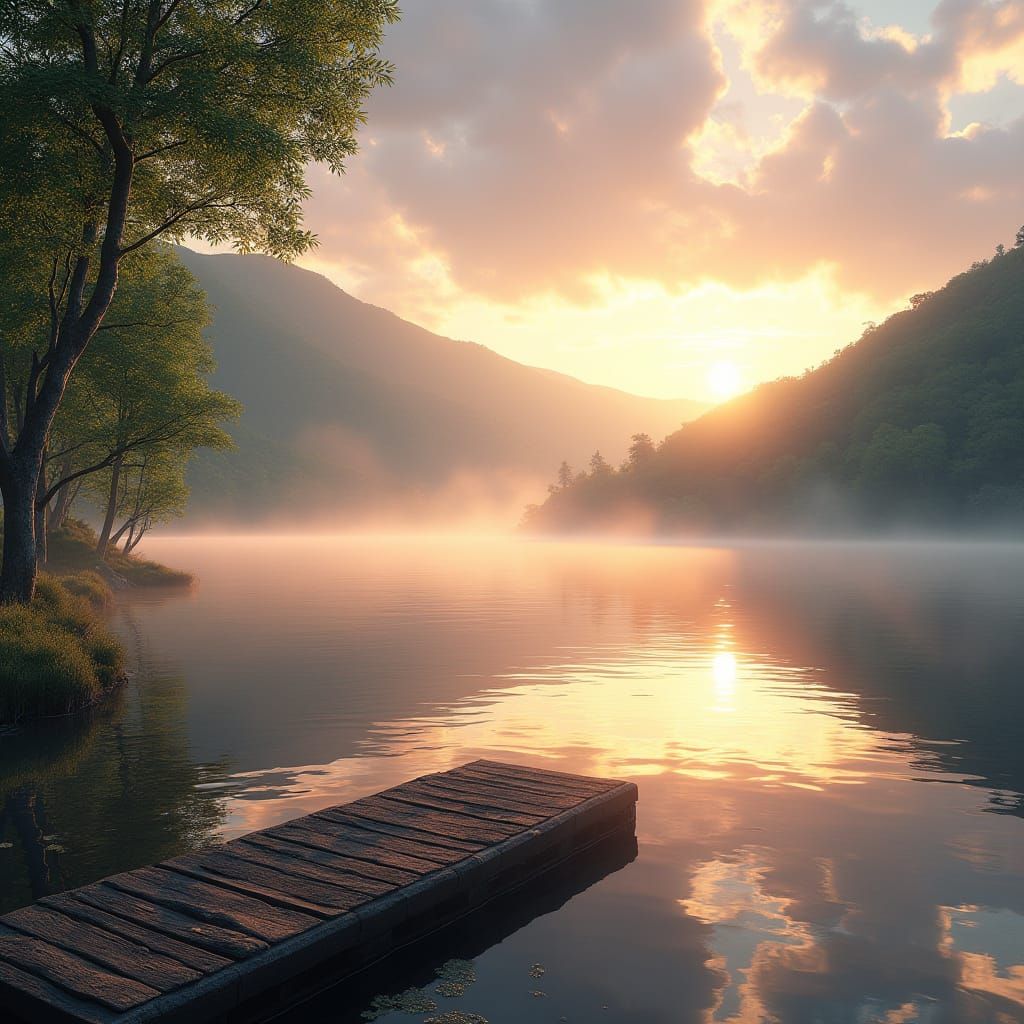 Serene Lakeside at Dawn in Whimsical Style
