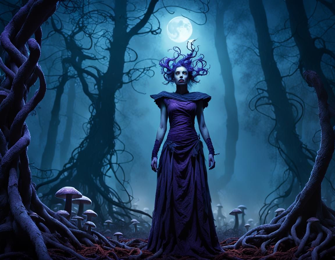 Gothic Woman Stands in Moonlit Forest