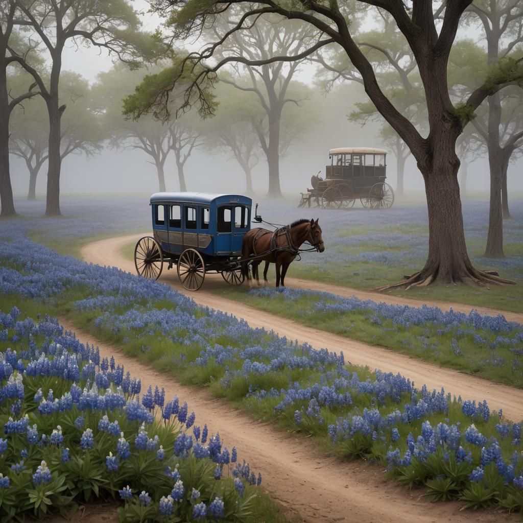Hyperrealistic Stagecoach on Bluebonnet Path
