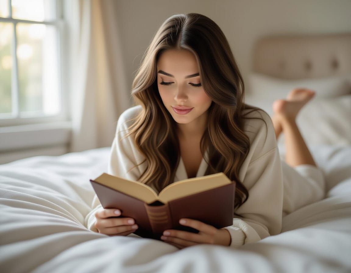 Photorealistic Portrait of Woman Reading Book on Bed