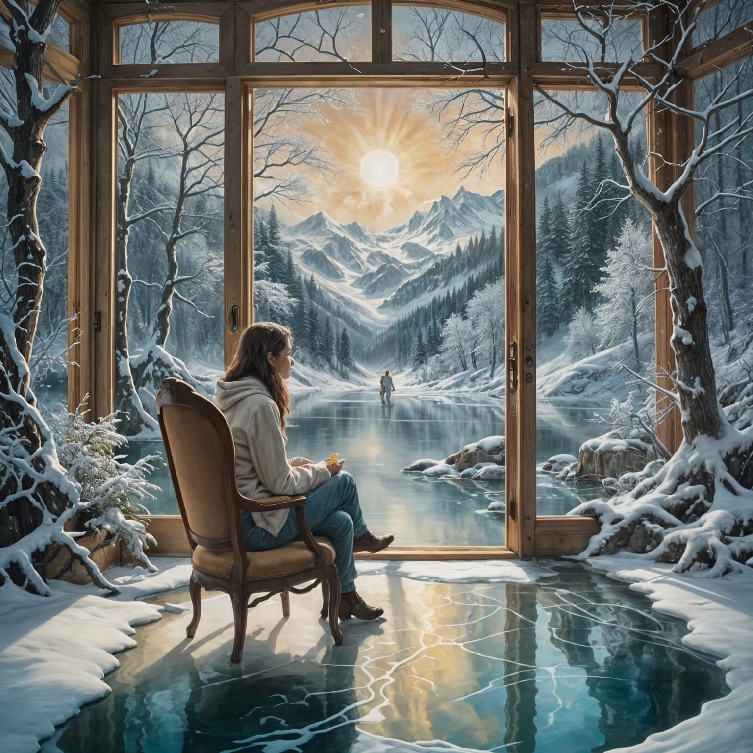 Surreal Floating House with Living Mural, Winter Scene