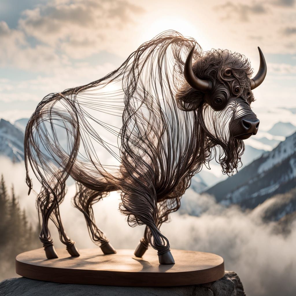 An impressionist-style wire sculpture of a mountain bison