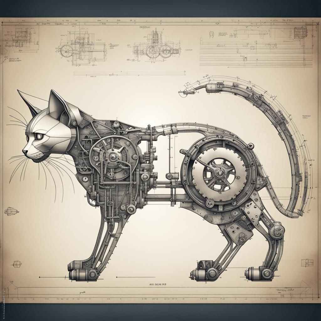 Mechanical Cat Blueprint Illustration in Steampunk Style