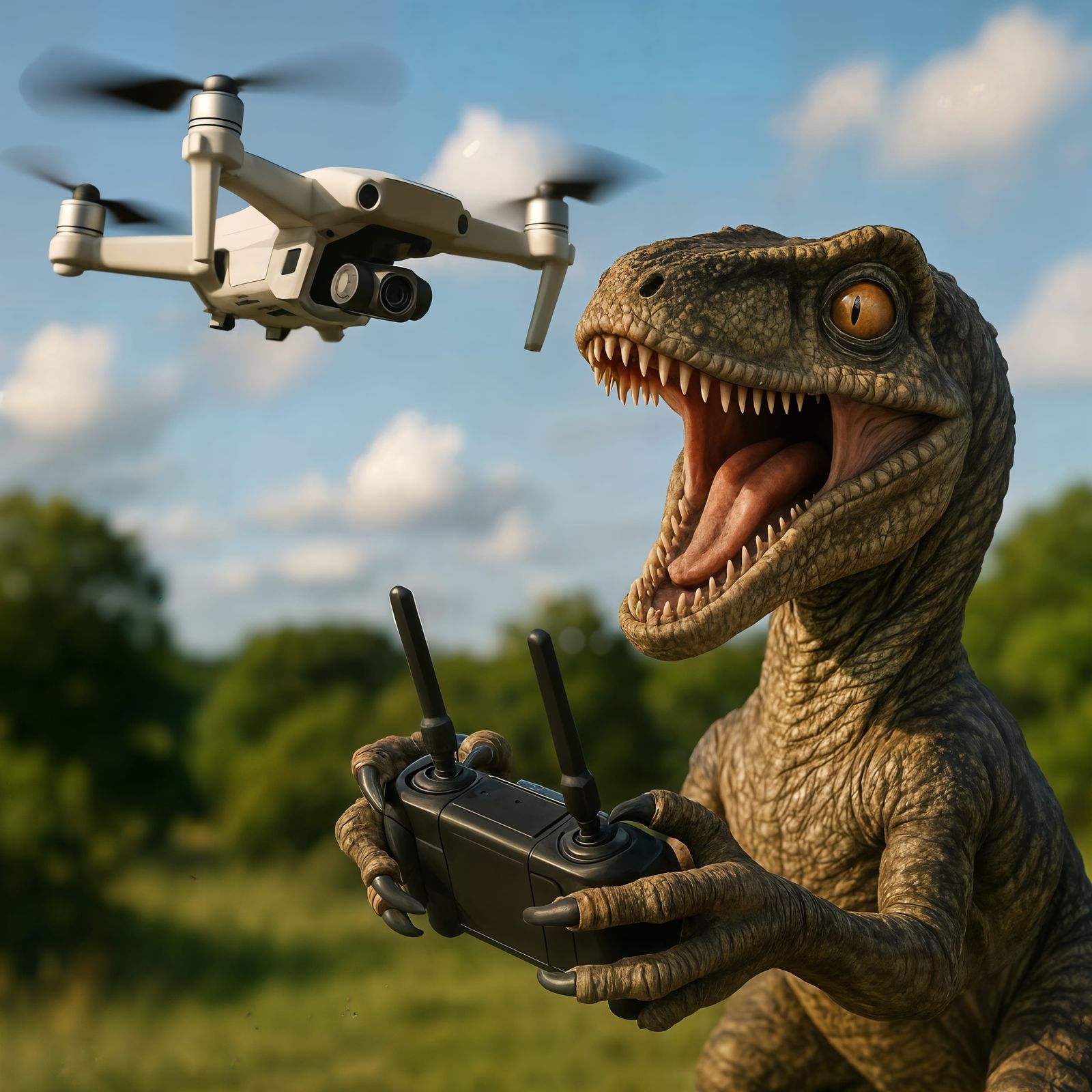 Excited Velociraptor Flies Drone in CGI Style