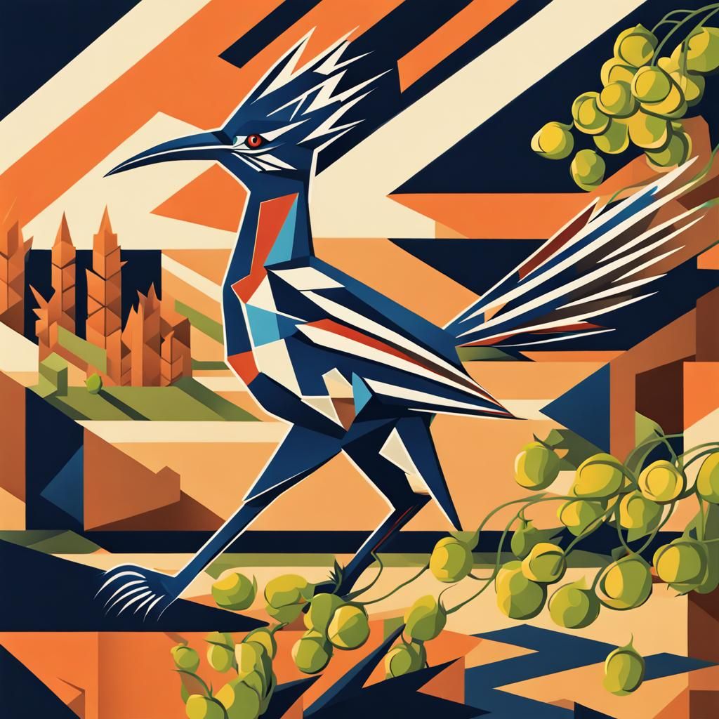 Roadrunner Silhouette with Hops: A Cubist Art Deco Design