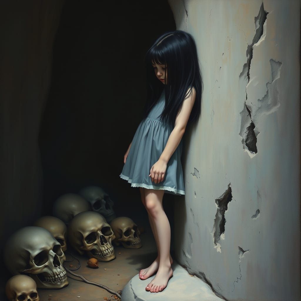 Girl in a Haunting Gothic Cave Scene, in Hyperrealistic Oil ...