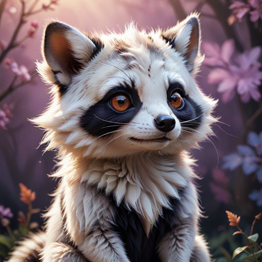 Chibi style animal hybrid, cross between a fox, ferret, raccoon and chipmunk creamy white fur on their chests, stomachs ...