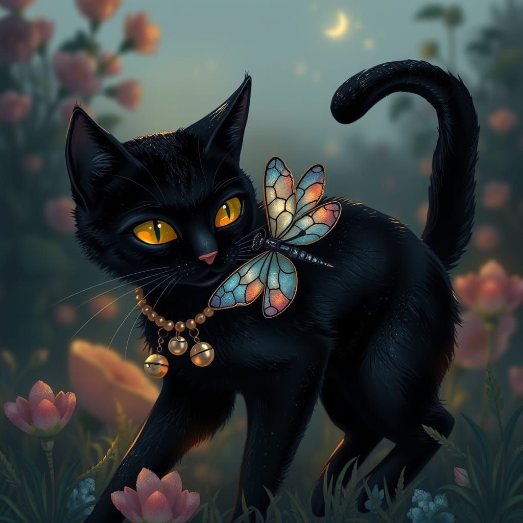 Black Cat Protects Dragonfly at Dusk