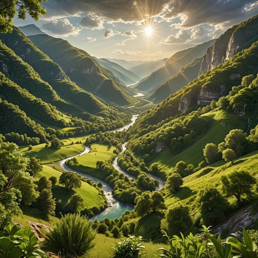 Lush Valley View in Hyperrealistic Digital Painting