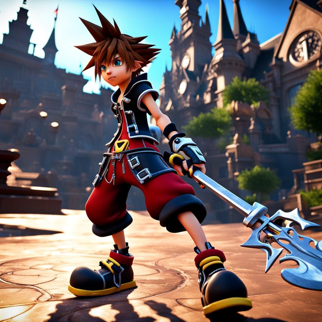 Sora Battles Heartless in Kingdom Hearts