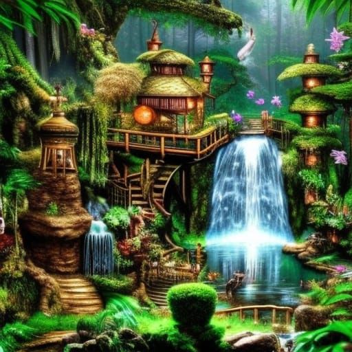 Magical Steampunk Waterfall Garden with Unicorns