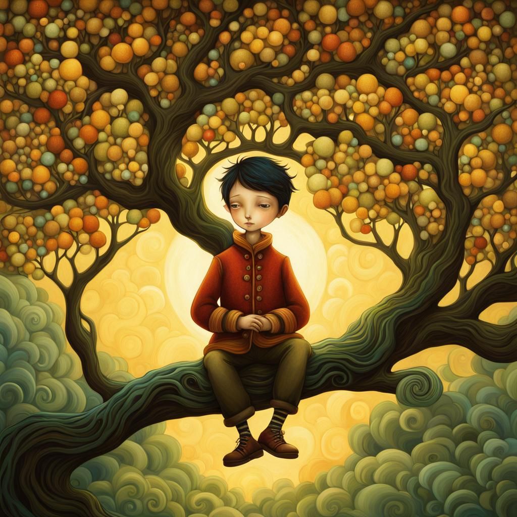 Boy on Branch: Nostalgic Digital Painting