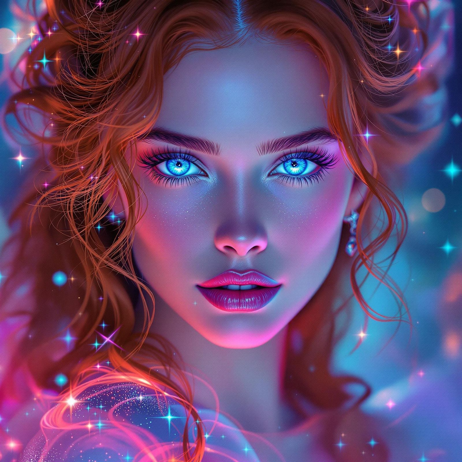 Ethereal Red-Haired Woman in Holographic Portrait
